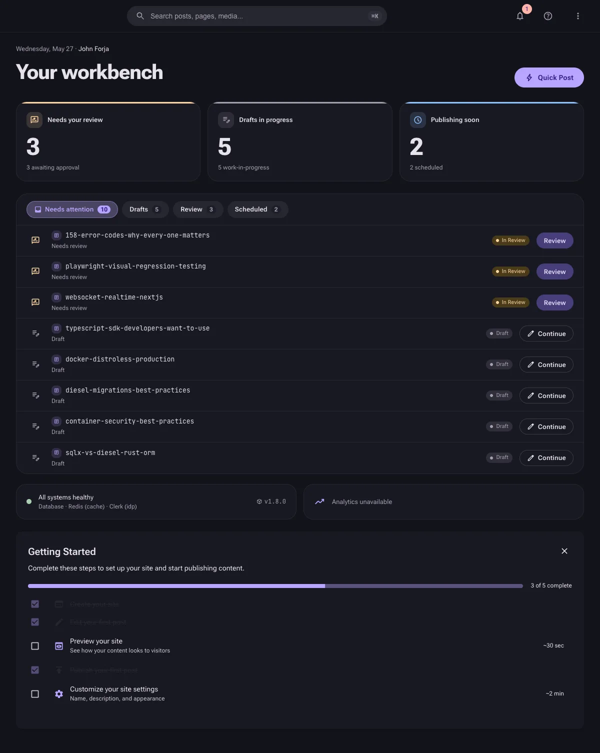 The workbench dashboard showing focus cards and the attention feed